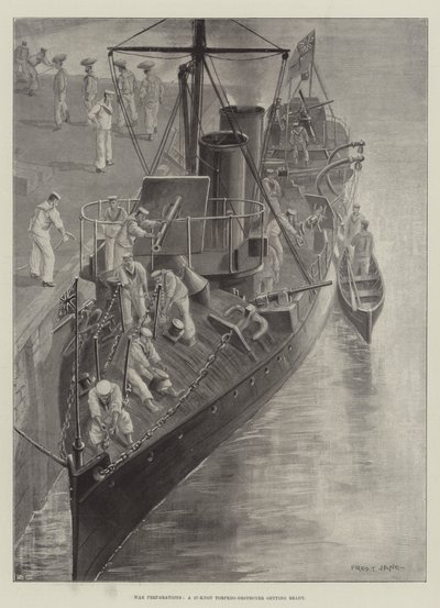 Preparativos de guerra, un destructor de torpedos de 27 nudos preparándose de Fred T. Jane